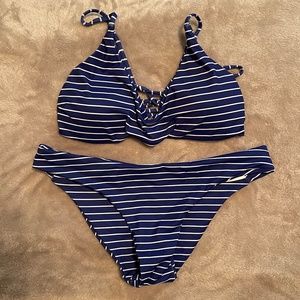 Navy bikini with thin white stripes